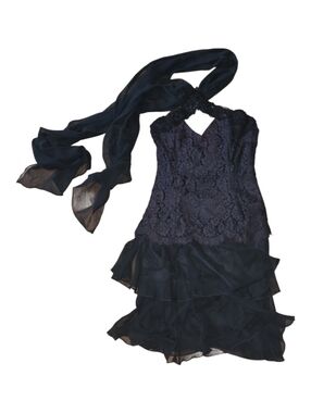 Vintage Lace Halter Ruffle Cocktail Dress with Scarf - Black Size 8